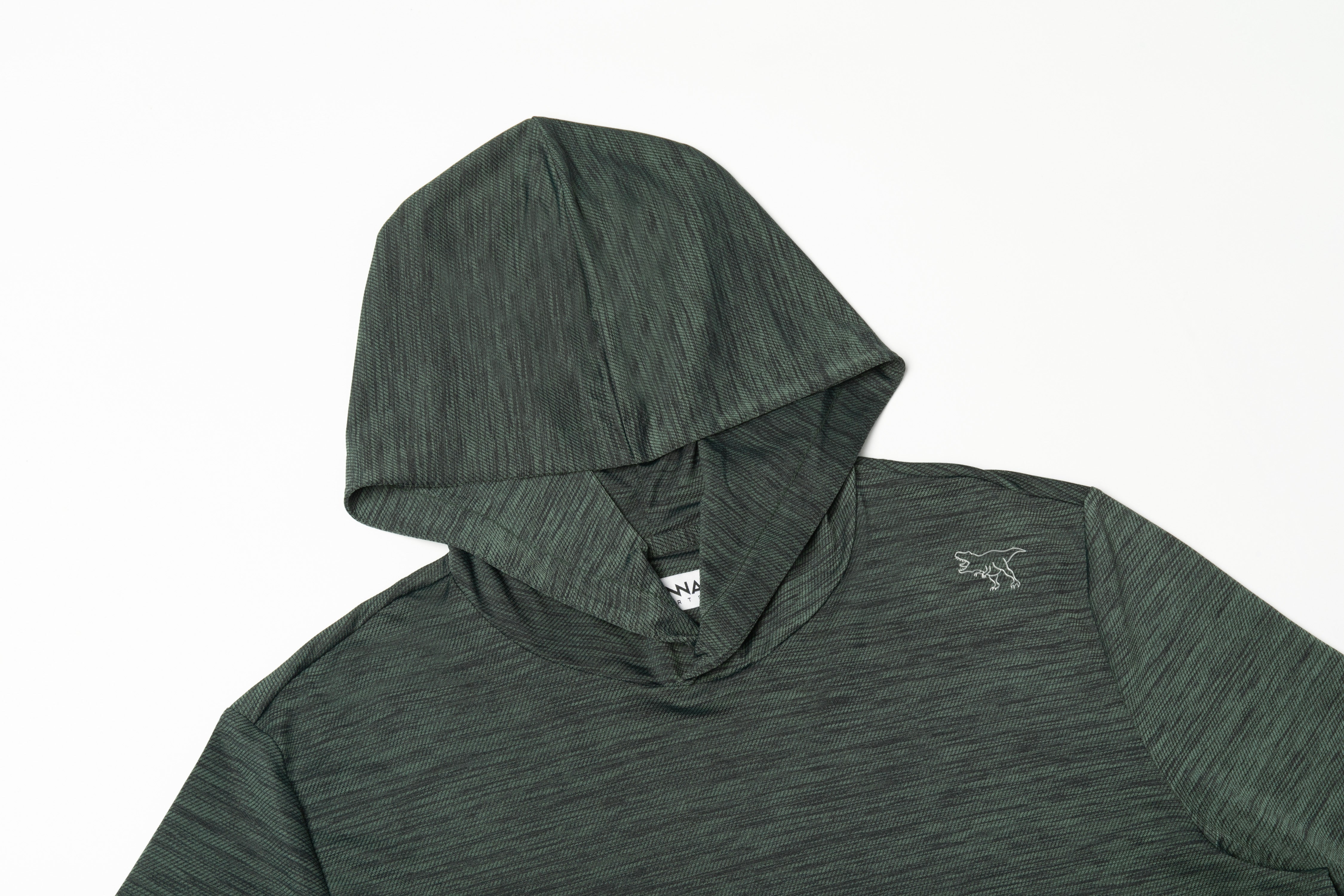 Green hooded shirt with a brand logo on a white background
