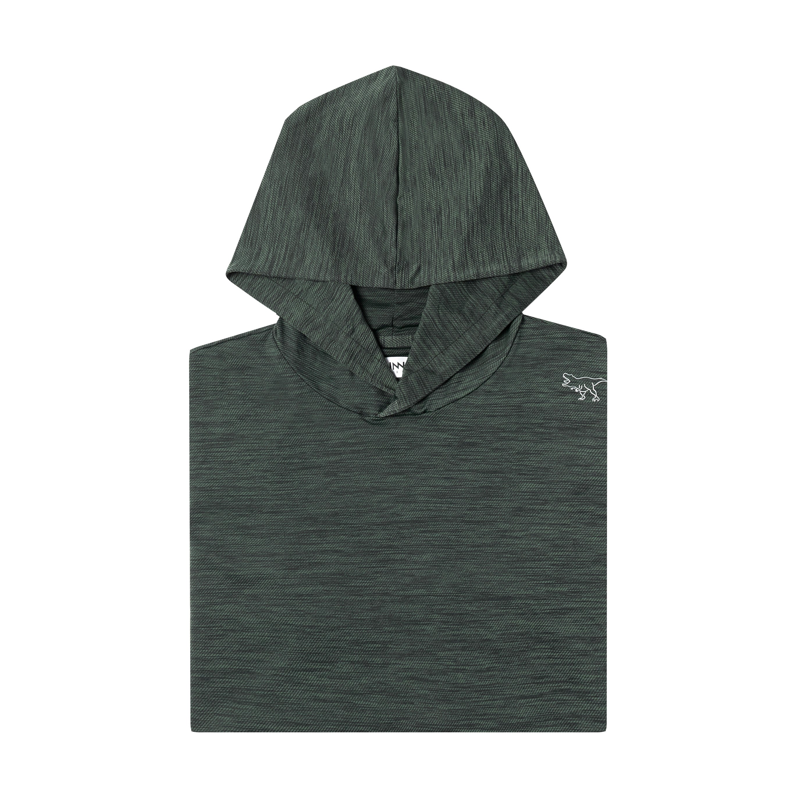 Dark gray hooded shirt with a logo on a white background