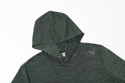 Green hooded shirt with a brand logo on a white background