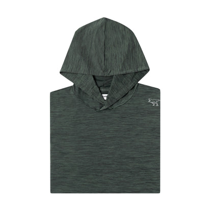 Dark gray hooded shirt with a logo on a white background